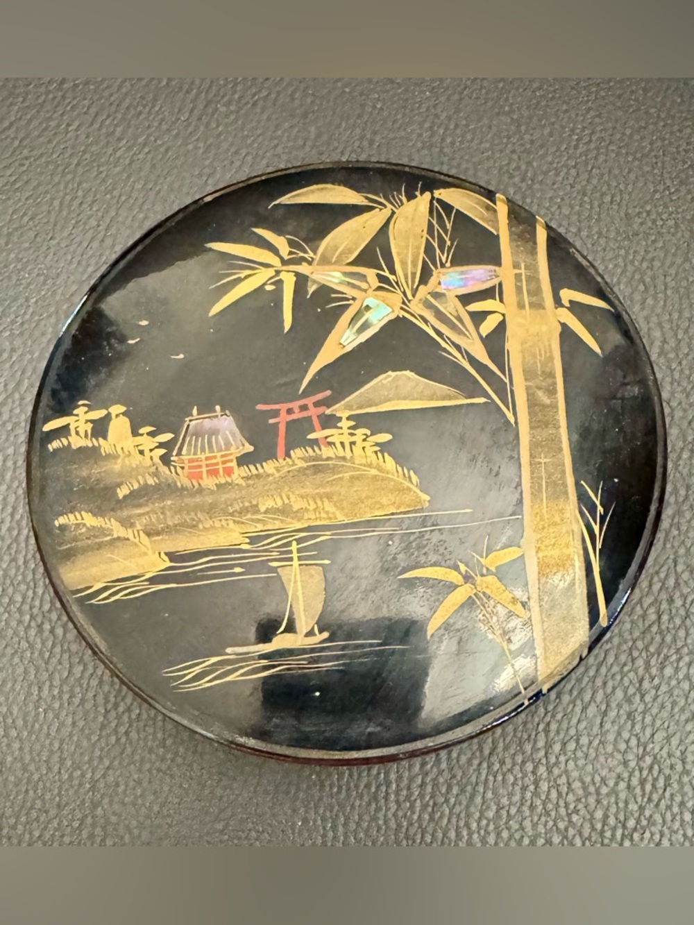 Vintage Black Lacquer Hand Painted Wood Japanese 8 Piece Canister Coasters 4”